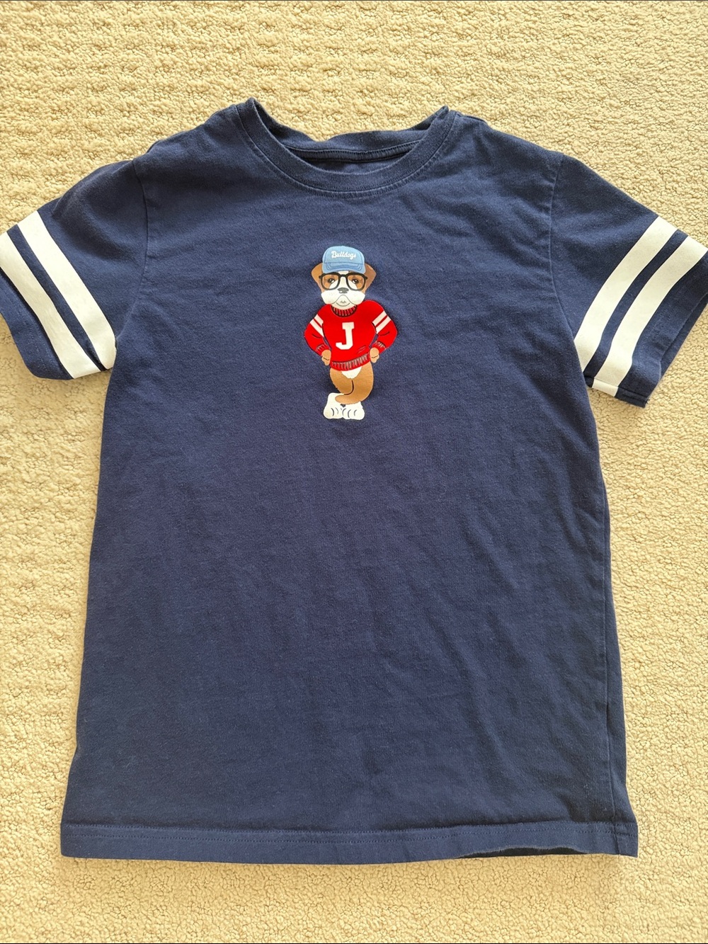 Boys Navy Blue Cotton Graphic Tee with Stripe Sleeves - Size 10